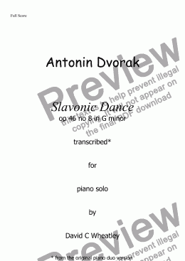 page one of Dvorak - Slavonic dance in G minor (op 46 no 8) for piano solo