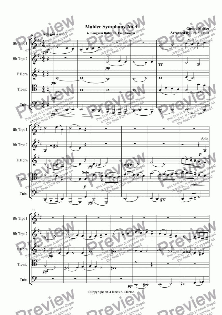 page one of Mahler - Symphony No 3 Mvt 6 for Brass Quintet