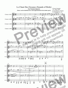 page one of Le Chant Des Oyseaux (Sounds of Birds)  For Clarinet Quartet 