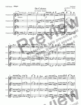 page one of De Colores for Clarinet  Quartet