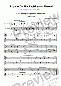 page one of 15 Thanksgiving Hymns for Clarinet and Alto Clarinet Duet 