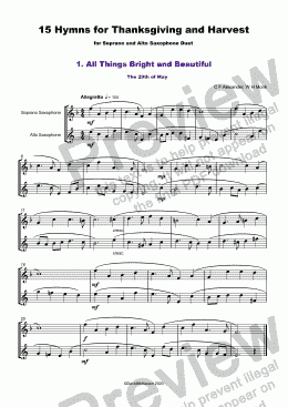 page one of 15 Thanksgiving Hymns for Soprano and Alto Saxophone Duet