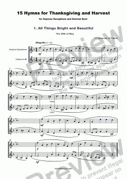 page one of 15 Thanksgiving Hymns for Soprano Saxophone and Clarinet Duet