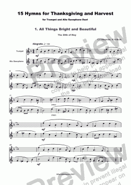 page one of 15 Thanksgiving Hymns for Trumpet and Alto Saxophone Duet