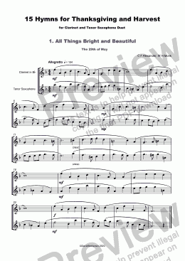 page one of 15 Thanksgiving Hymns for Clarinet and Tenor Saxophone Duet