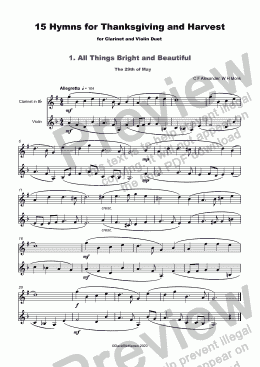 page one of 15 Thanksgiving Hymns for Clarinet and Violin Duet