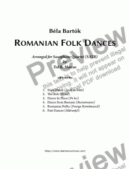 page one of Romanian (Rumanian) Folk Dances for Saxophone Quartet