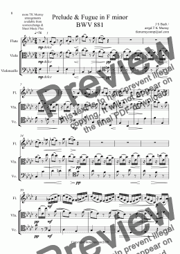 page one of Bach - Prelude & Fugue in F Minor BVW881- Flute, Viola & Cello