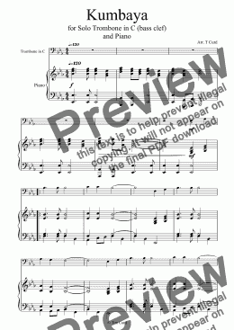 page one of Kumbaya for Trombone in C (bass clef) and Piano