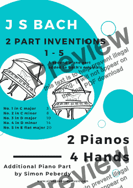 page one of Bach 2 Part Inventions 1-5 for 2 pianos, 4 hands (second piano part by Simon Peberdy)