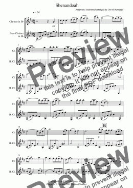 page one of Shenandoah for Clarinet and Bass Clarinet Duet