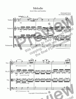page one of Gluck Melodie from Orfeo and Euridice for String Quartet 