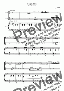 page one of "Seguidilla" From Bizet's "Carmen". Violin Duet and Piano- Intermediate