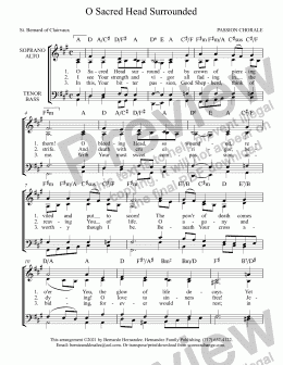 page one of O Sacred Head Surrounded - Choir Reduction Lowered to A for Piano or Guitar, with Chords