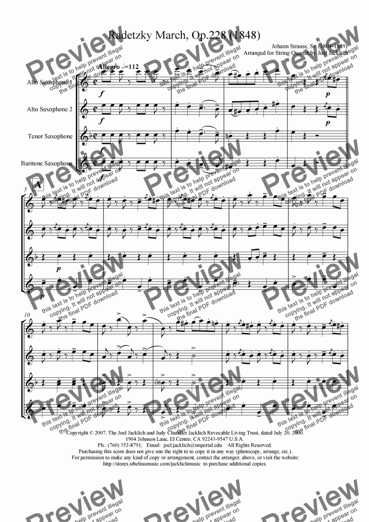 page one of Radetzky March, Op.228 (Sax Quartet-AATB or SATB)