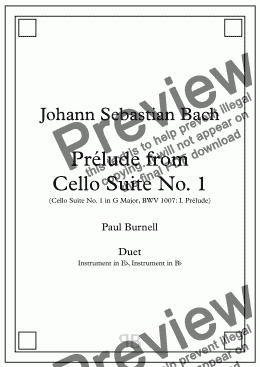page one of Prélude from Cello Suite No. 1, arranged for duet: instruments in Eb and Bb - Score and Parts