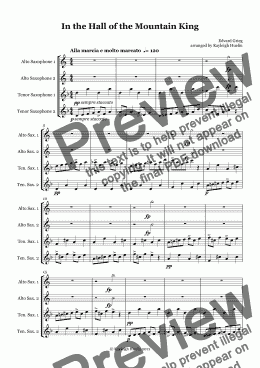 page one of In the Hall of the Mountain King by Edvard Grieg - Saxophone quartet (AATT)