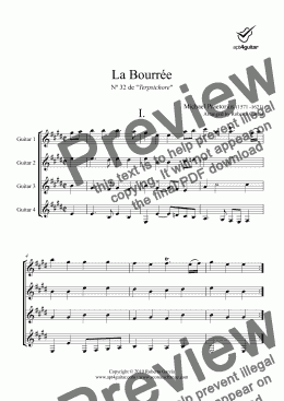 page one of La Bourrée for guitar quartet
