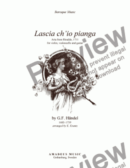 page one of Aria, Lascia ch’io pianga from Rinaldo for violin, cello and guitar