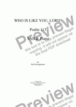 page one of Who Is Like You, Lord?  Psalm 113 SAB & Piano BUY ONE PRINT MANY