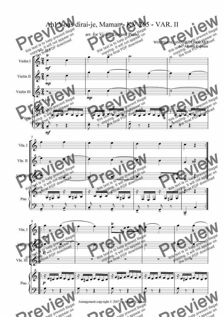 page one of Ah! Vous dirai-je, Maman - KV 265 - VAR. II - arr. for Violin Trio and Piano