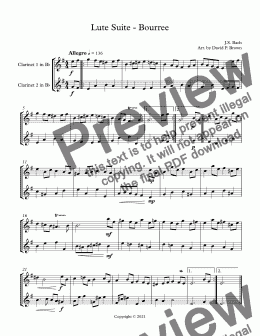 page one of Lute Suite - Bourree - for two Clarinets