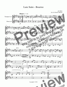 page one of Lute Suite - Bourree - for Trumpet and Horn