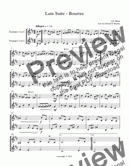 page one of Lute Suite - Bourree - for two Trumpets