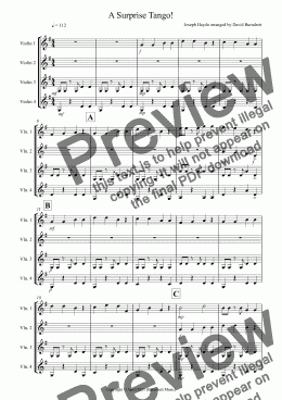 page one of A Surprise Tango! for Beginning and Advanced Violin Quartet