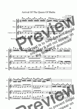 page one of Arrival Of The Queen Of Sheba - Wind Quartet