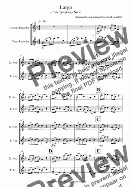 page one of Largo (from the New World) for Descant and Tenor Recorder Duet
