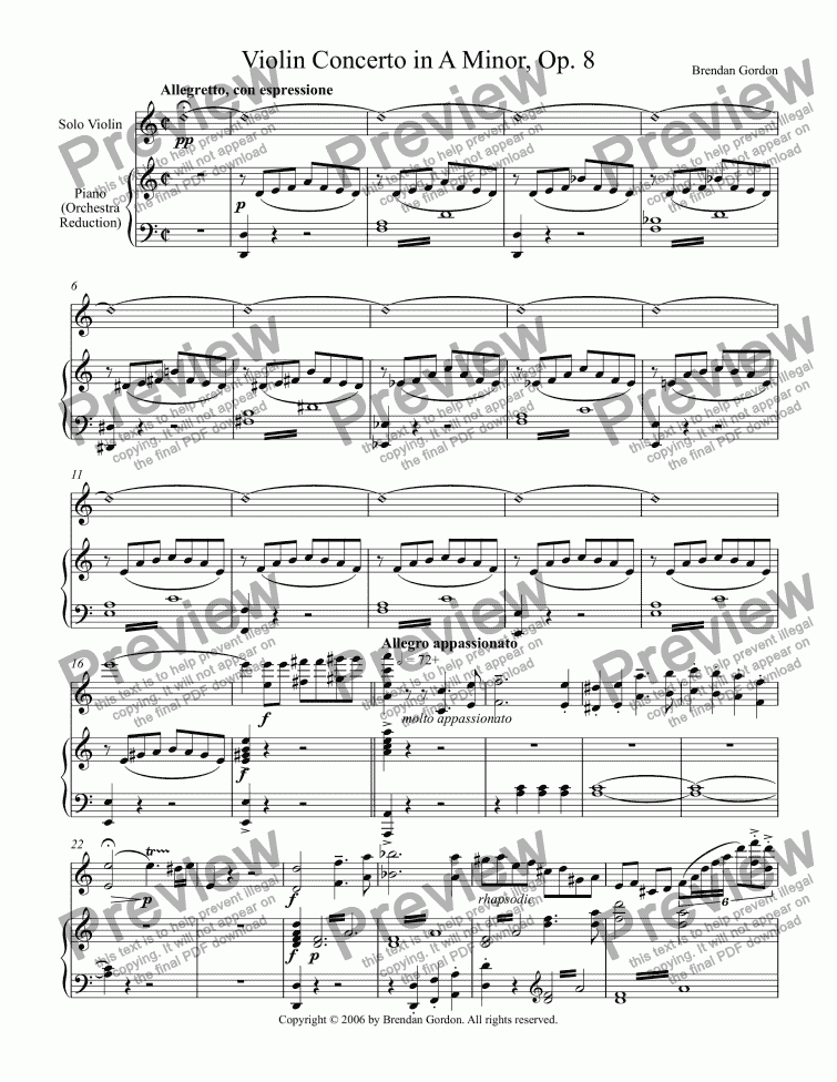 page one of Violin Concerto in A Minor, complete violin + piano score