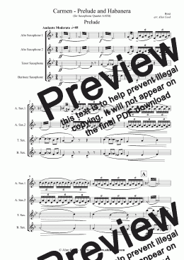 page one of Carmen - Prelude and Habanera  (Saxophone Quartet)