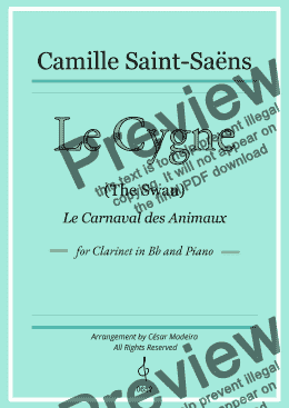 page one of Le Cygne by Saint Saens for Clarinet in Bb and Piano