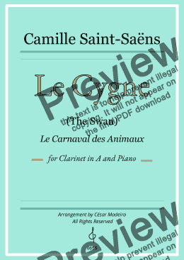page one of Le Cygne by Saint Saens for Clarinet in A and Piano