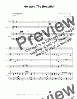 page one of America The Beautiful (Woodwind Quartet and Piano)