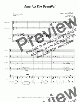 page one of America The Beautiful (Clarinet Choir and Piano)