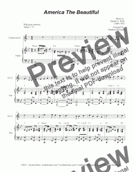 page one of America The Beautiful (Bb-Clarinet solo and Piano)
