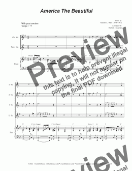 page one of America The Beautiful (Saxophone Quartet and Piano)