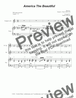 page one of America The Beautiful (Duet for Bb-Trumpet and French Horn)