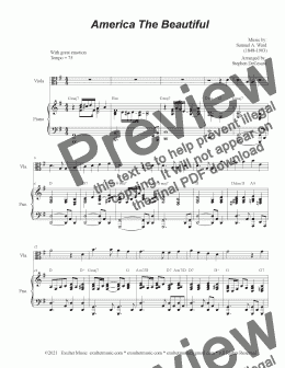 page one of America The Beautiful (Viola solo and Piano)