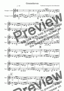 page one of Greensleeves for Trumpet Duet