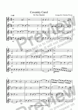 page one of Coventry Carol for Sax Quartet