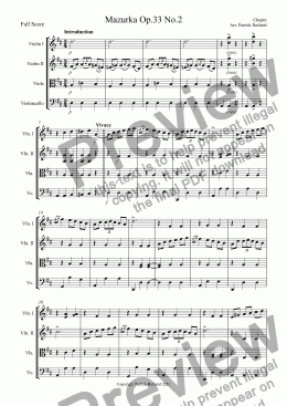 page one of Chopin Mazurka Op. 33 No. 2 for String Quartet