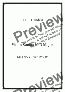 page one of G. F. Händel  - Sonata for Violin and Piano in D Major Op. 1 No. 4  HWV 371 : IV