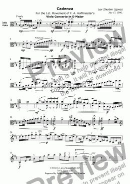 page one of "Cadenza" (for the first movement of F. A. Hoffmeister's Viola Concerto in D Major)