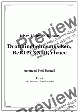 page one of Drottningholmsmusiken, BeRI 2: XXIII, Vivace, arranged for duet:  Alto and Tenor Recorder - Score and Parts