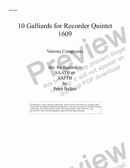 page one of 10 Galliards (1609) for SATTB Recorders