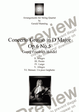 page one of HANDEL, G.F. - Concerto Grosso Op. 6, No. 5 in D Major - arr. for String Quartet by Gerald Manning