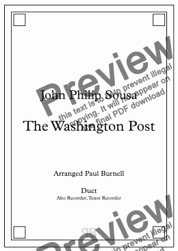 page one of The Washington Post, arranged for duet: Alto and Tenor Recorders – Score and Parts